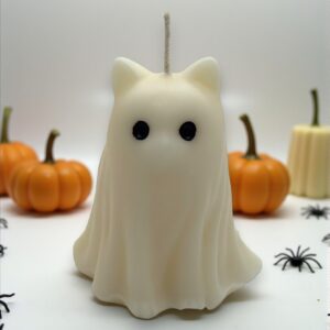 Vela aromática con forma de gatito fantasma para Halloween en cera de soja artesanal