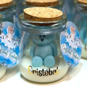 Vela osito souvenir artesanal en envase de vidrio con tapa de corcho para baby shower