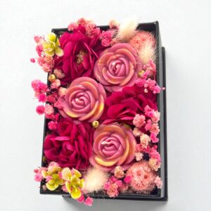 Mini bouquet velas artesanal con 3 rosas de cera soja y flores secas