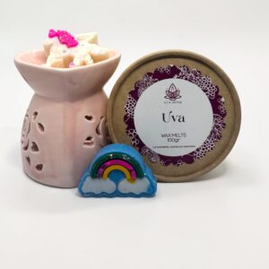 Set aromático Corazón con hornito difusor cerámica rosado, wax melts artesanales y velas de té